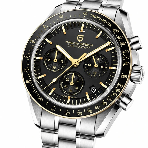 relogio masculino vidro safira Lunario Pagani Design Preto Dourado - Close da coroa e bezel