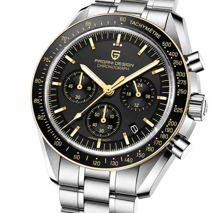 relogio masculino vidro safira Lunario Pagani Design Preto Dourado - Close da coroa e bezel