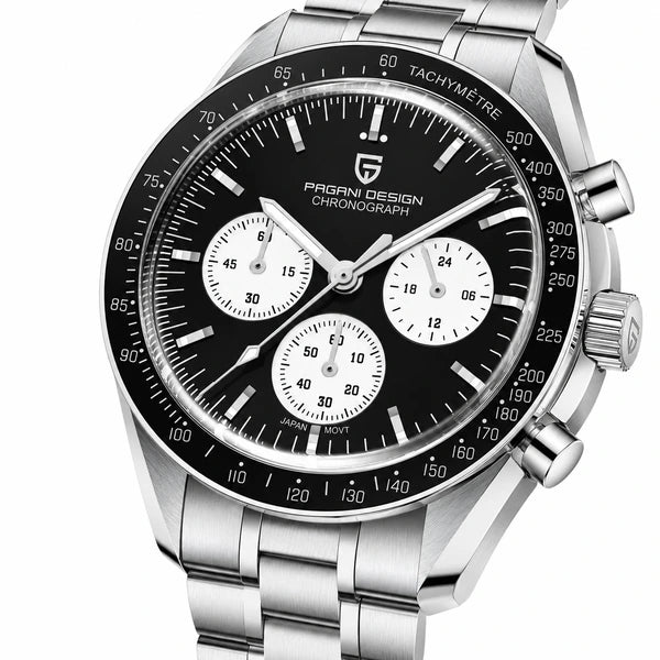 relogio masculino vidro safira Lunario Pagani Design Preto Panda - Close da coroa e bezel