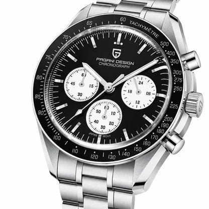relogio masculino vidro safira Lunario Pagani Design Preto Panda - Close da coroa e bezel