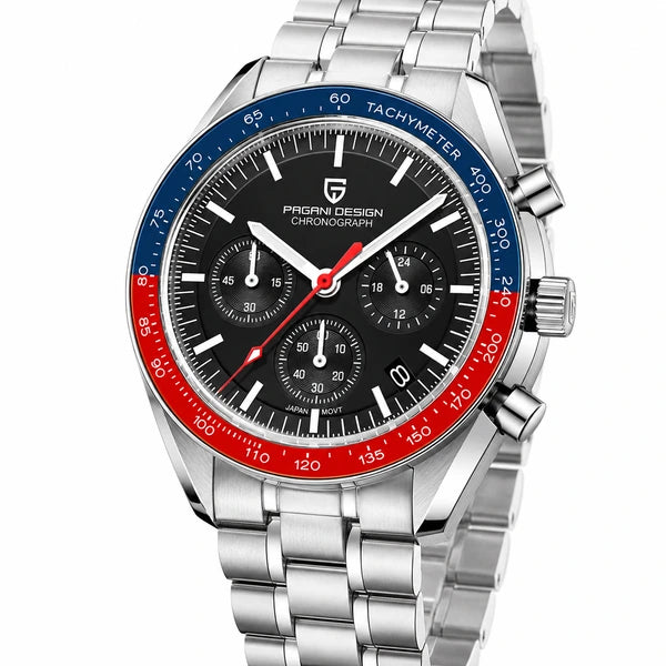 relogio masculino vidro safira Lunario Pagani Design Preto Azul Vermelho - Close da coroa e bezel