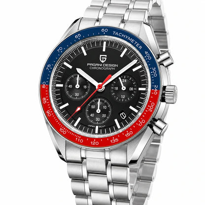 relogio masculino vidro safira Lunario Pagani Design Preto Azul Vermelho - Close da coroa e bezel