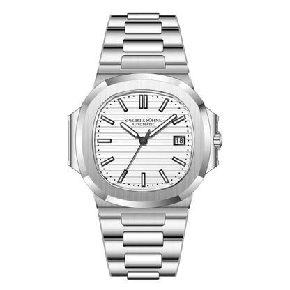 Relógio Masculino Prata Polar Specht & Söhne vista frontal com mostrador branco com caixa e pulseira prata