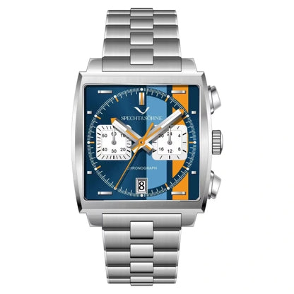 Relógio Masculino Prata Raptor Specht & Söhne frontal com mostrador azul com detalhes geométricos laranja