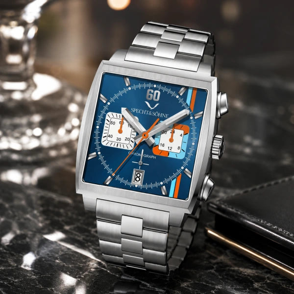 Detalhe do cronografo Prata Strato com pulseira aço prata
