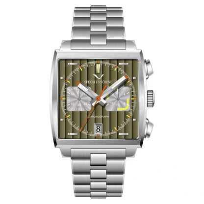 Relógio Masculino Prata Torq Specht & Söhne frontal com mostrador verde oliva com textura vertical