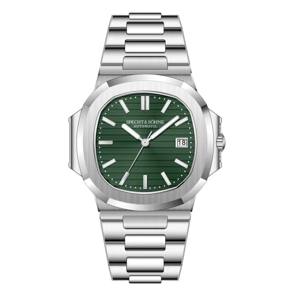 Relógio Masculino Prata Vyr Specht & Söhne vista frontal com mostrador verde com caixa e pulseira prata
