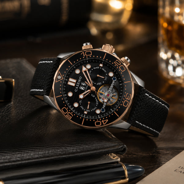 relógio automático masculino Caseno Noir - acabamento da caixa
