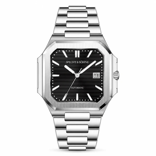 Relogio Masculino Preto Specht & Sohne Cubico Automatico frontal em fundo branco