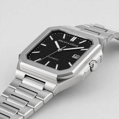 Relogio Masculino Preto Specht & Sohne Cubico Automatico em vista lateral com detalhe da caixa