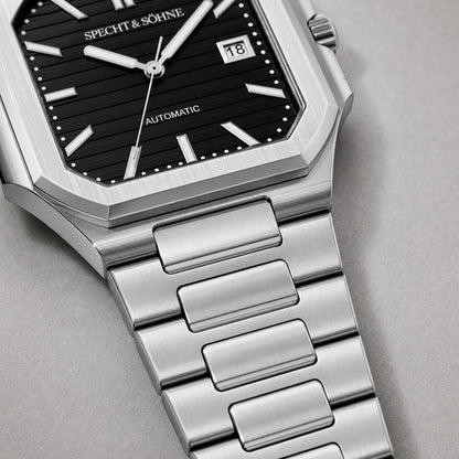 Relogio Masculino Preto Specht & Sohne Cubico Automatico com detalhe da pulseira e acabamento