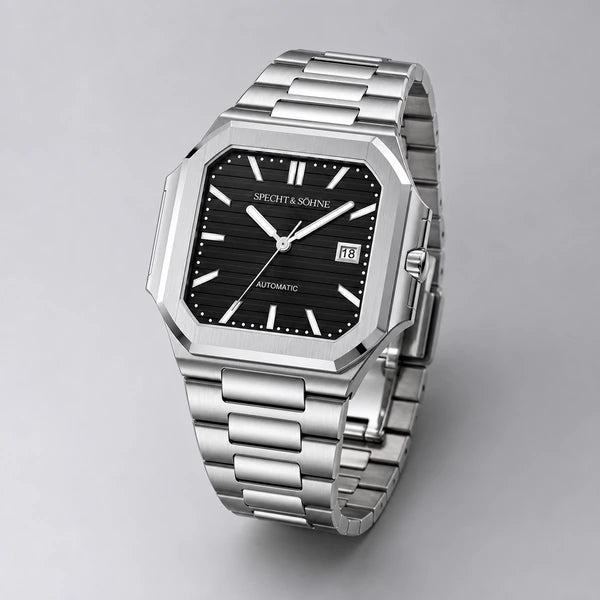Relogio Masculino Preto Specht & Sohne Cubico Automatico em angulo final de catalogo
