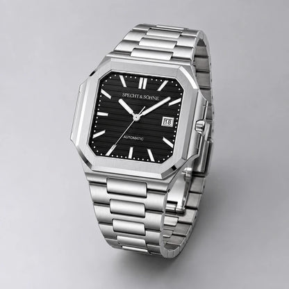 Relogio Masculino Preto Specht & Sohne Cubico Automatico em angulo final de catalogo