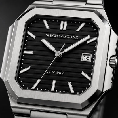 Relogio Masculino Preto Specht & Sohne Cubico Automatico com macro da textura do mostrador