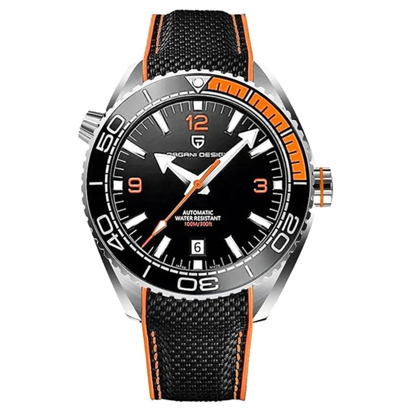 mostrador escuro com pulseira têxtil laranja