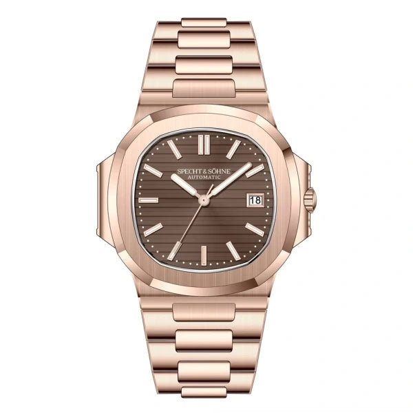 Relógio Masculino Rosê Bron Specht & Söhne vista frontal com mostrador marrom com caixa e pulseira rosê
