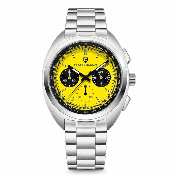 relogio masculino pagani design Stradale Pagani Design Amarelo Pulseira de Prata - Frente em fundo branco