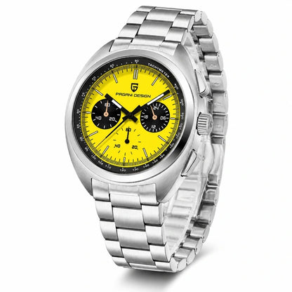 relogio cronografo masculino Stradale Pagani Design Amarelo Pulseira de Prata - Angulo tres quartos