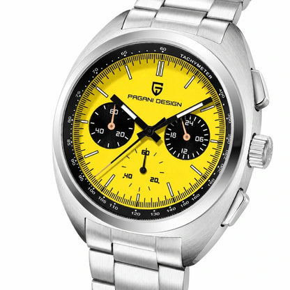 relogio masculino vidro safira Stradale Pagani Design Amarelo Pulseira de Prata - Close da coroa e bezel