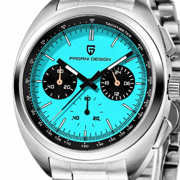 relogio cronografo masculino Stradale Pagani Design Azul Celeste Pulseira de Prata - Angulo tres quartos