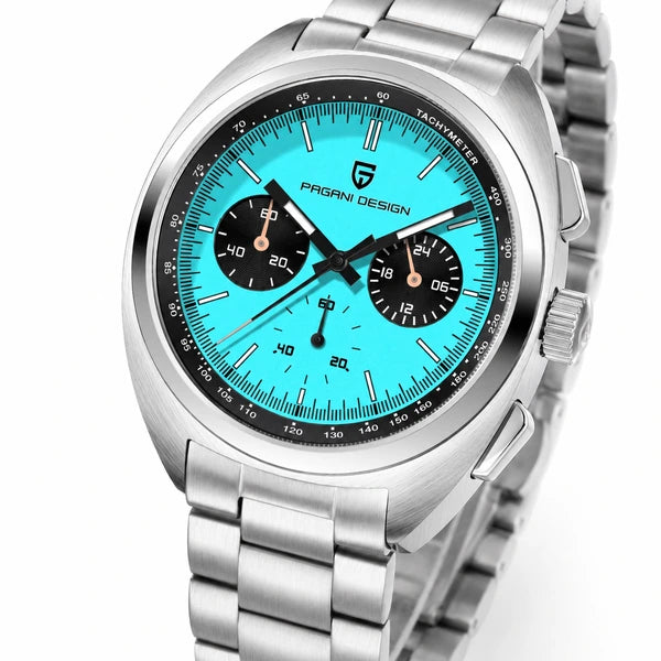 relogio masculino vidro safira Stradale Pagani Design Azul Celeste Pulseira de Prata - Close da coroa e bezel