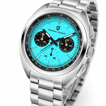 relogio masculino vidro safira Stradale Pagani Design Azul Celeste Pulseira de Prata - Close da coroa e bezel