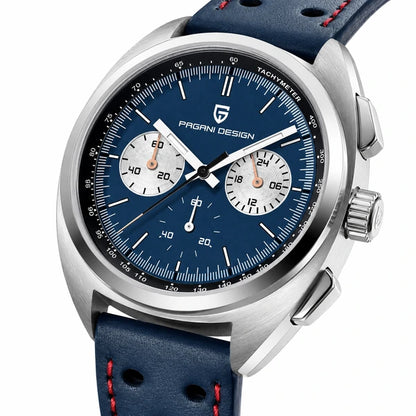 relogio masculino vidro safira Stradale Pagani Design Azul Pulseira de Couro - Close da coroa e bezel