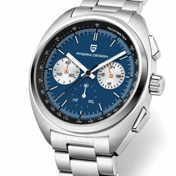 relogio masculino vidro safira Stradale Pagani Design Azul Pulseira de Prata - Close da coroa e bezel