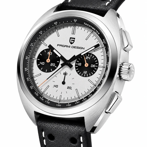 relogio masculino vidro safira Stradale Pagani Design Branco Pulseira de Couro - Close da coroa e bezel