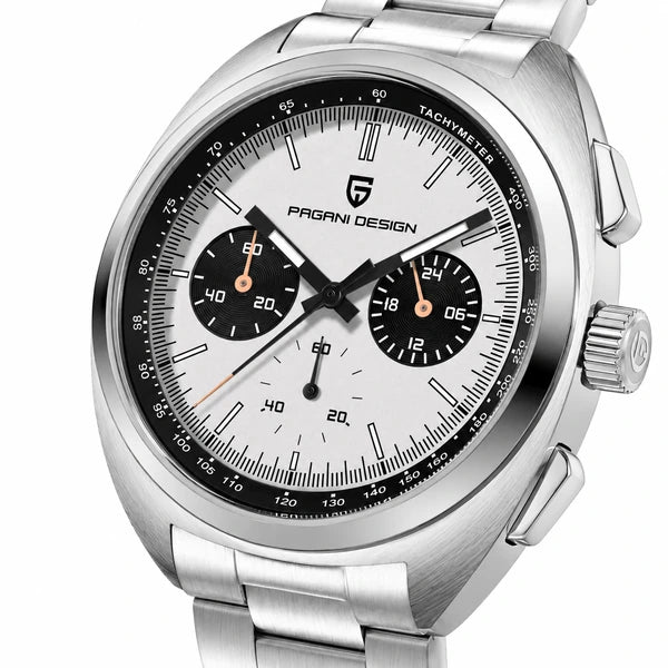 relogio masculino vidro safira Stradale Pagani Design Branco Pulseira de Prata - Close da coroa e bezel