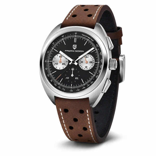relogio masculino vidro safira Stradale Pagani Design Preto Pulseira de Couro - Close da coroa e bezel
