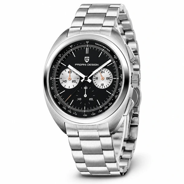 relogio cronografo masculino Stradale Pagani Design Preto Pulseira de Prata - Angulo tres quartos