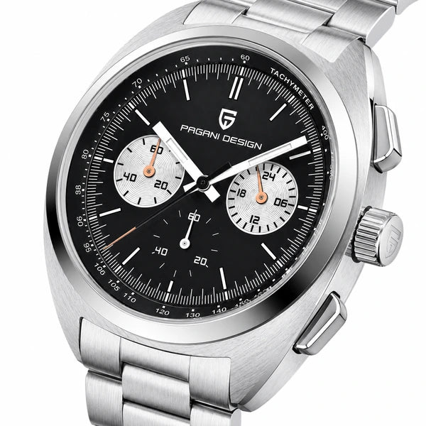 relogio masculino vidro safira Stradale Pagani Design Preto Pulseira de Prata - Close da coroa e bezel
