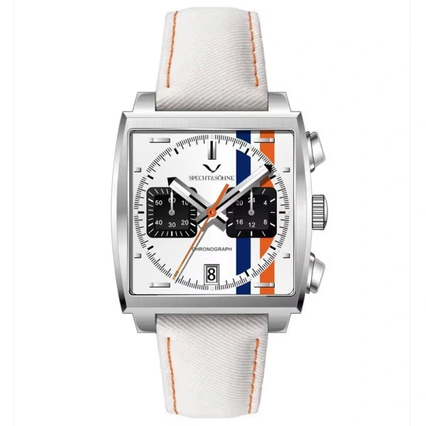 Relógio Masculino Veloce Specht & Söhne frontal com mostrador branco com faixas azul e laranja
