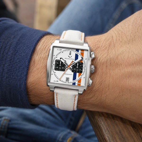 Detalhe do cronografo Veloce com pulseira tecido branco
