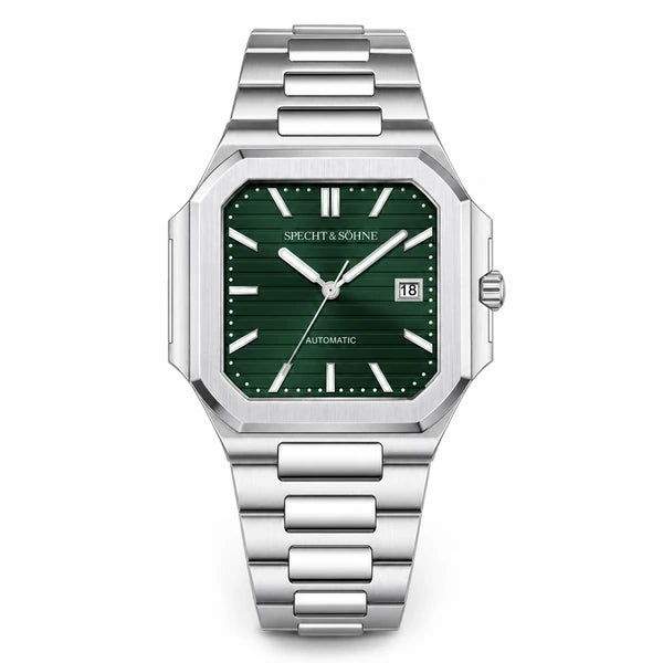 Relogio Masculino Verde Specht & Sohne Cubico Automatico frontal em fundo branco
