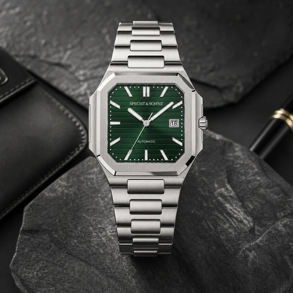 Relogio Masculino Verde Specht & Sohne Cubico Automatico em composicao lifestyle luxuosa