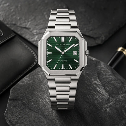 Relogio Masculino Verde Specht & Sohne Cubico Automatico em composicao lifestyle luxuosa
