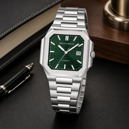 Relogio Masculino Verde Specht & Sohne Cubico Automatico em ambiente executivo premium