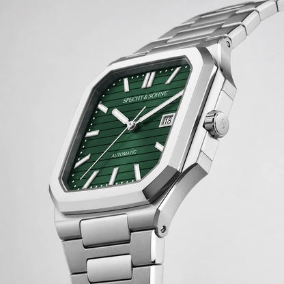 Relogio Masculino Verde Specht & Sohne Cubico Automatico em vista lateral com detalhe da caixa