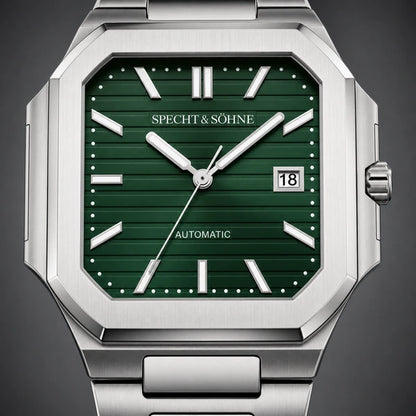 Relogio Masculino Verde Specht & Sohne Cubico Automatico com close do mostrador e janela de data