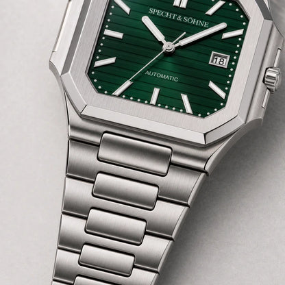 Relogio Masculino Verde Specht & Sohne Cubico Automatico com detalhe da pulseira e acabamento