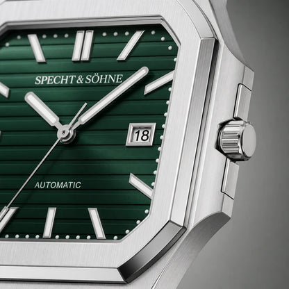 Relogio Masculino Verde Specht & Sohne Cubico Automatico com close da coroa e facetas da caixa