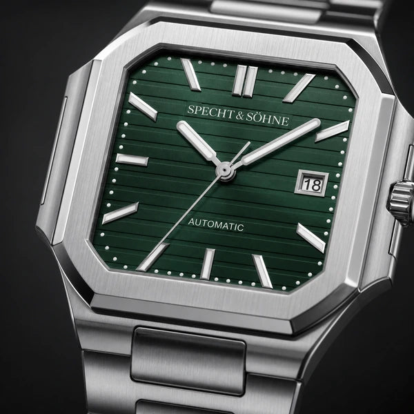 Relogio Masculino Verde Specht & Sohne Cubico Automatico com macro da textura do mostrador