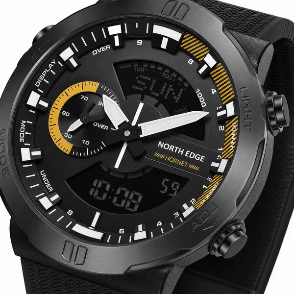 relogio masculino amarelo Hornet North Edge Yellow - macro do display