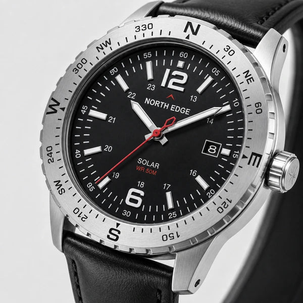 relogio analogico masculino Solar North Edge Preto - macro do mostrador